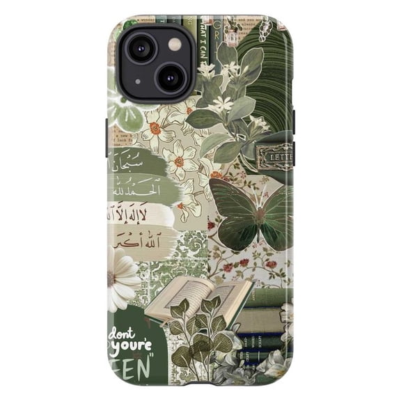 Dark Academia Phone Case, Green Botanical Collage with Arabic & Books for iPhone 17 16 15 14 13 12 11 Pro Plus Mini