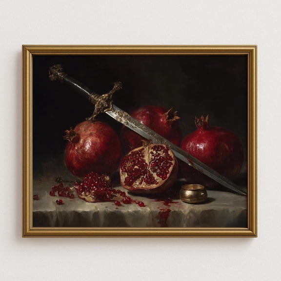 Dark Academia Pomegranate Still Life Wall Art, Sword And Fruit, Dramatic Baroque Decor, Vintage Gothic Kitchen Art Home Decor #896, Unframed Poster Size 8x12