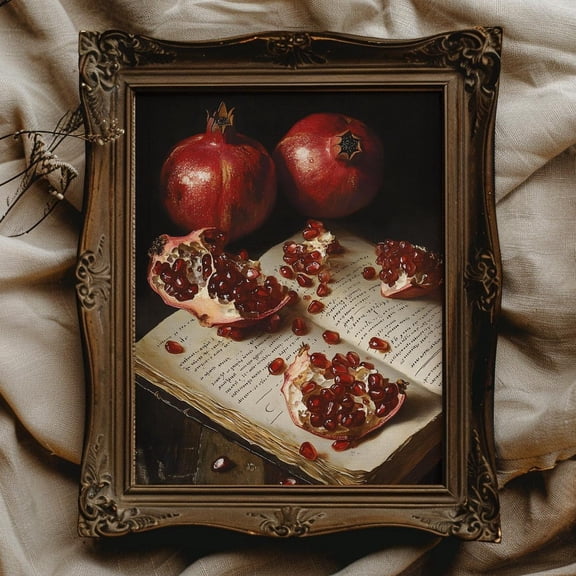 Dark Academia Pomegranate Vintage Book Art Vintage Pomegranate Reader Book Lover Decor For Reading Nook, F038, 12x18 UNFRAMED