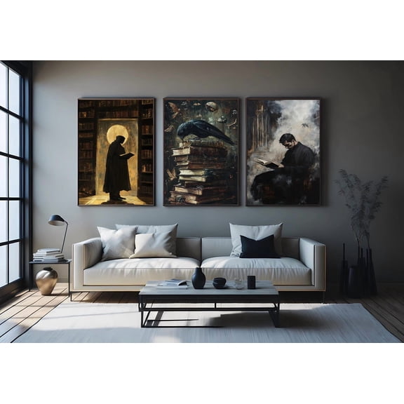 Dark Academia Print Gothic Library Art Moody Decor Set 3 Stretched Canvas 8x12