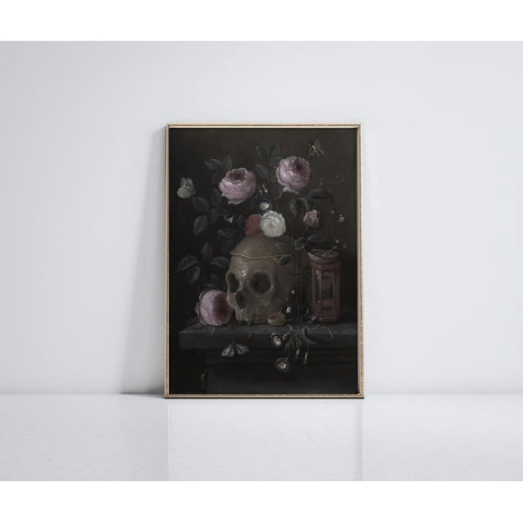 Dark Academia Skull Gothic Floral Art, Unframed Paper Print Size 12x18