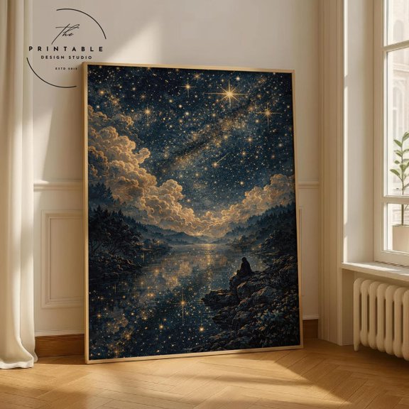 Dark Academia Starry Night Over Lake Moody Mountain Landscape Meditating Figure Gothic Art