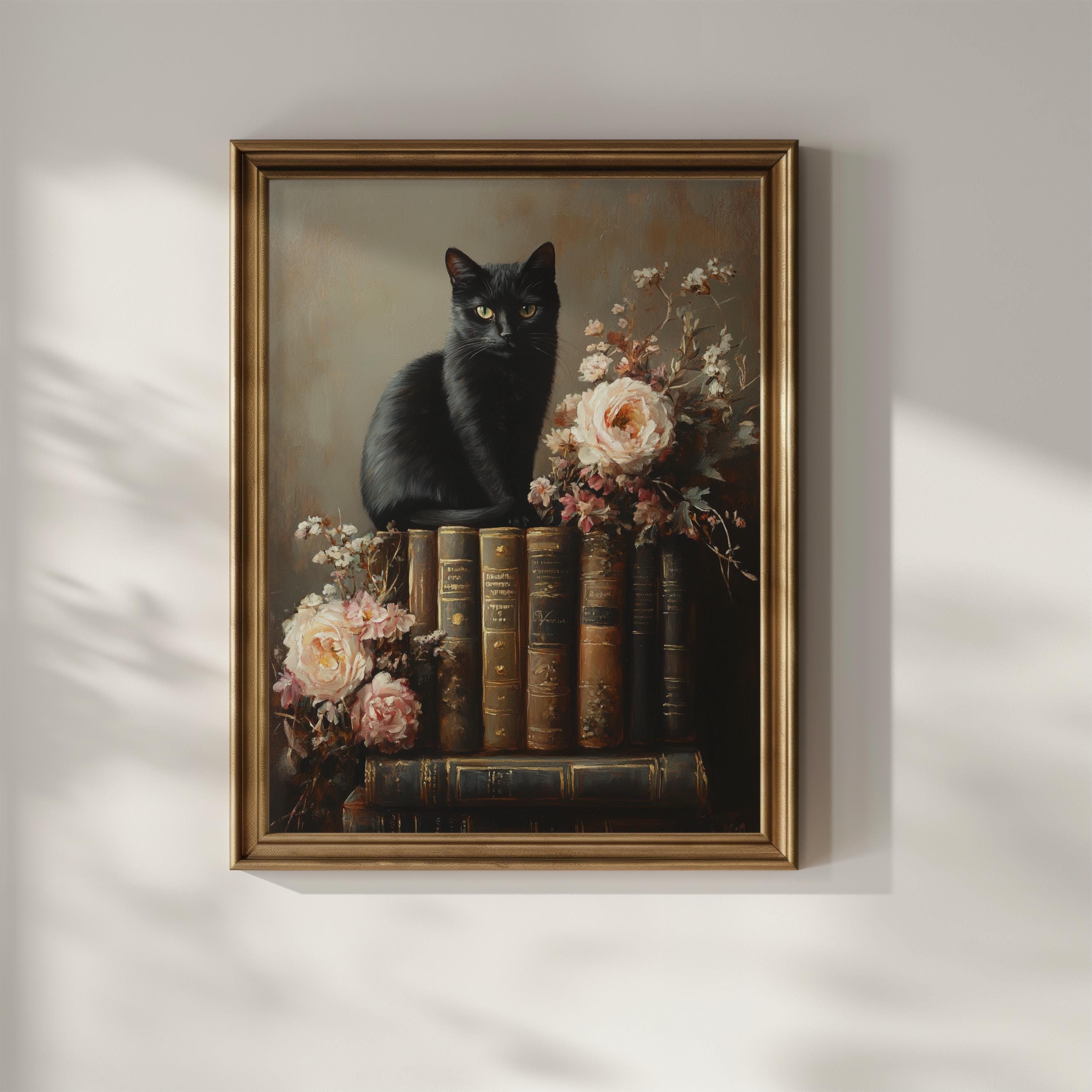 Dark Academia Wall Art Black Cat Books Poster Print Vintage Wildflowers ...