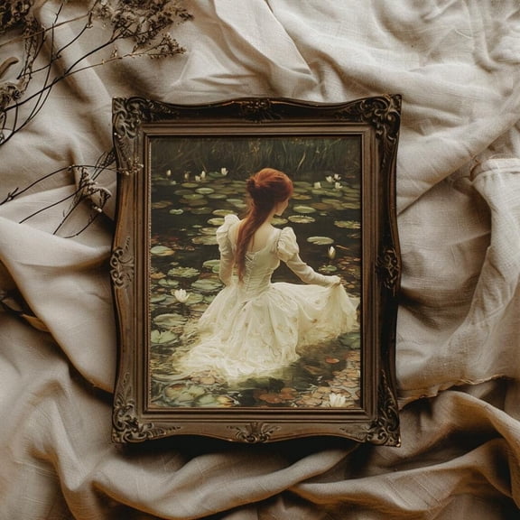 Dark Academia Wall Art For Reader Reader Vintage Maiden In Lilypad Pond Poster Victorian Lady Poster Dark Cottagecore Decor, 24x36 UNFRAMED