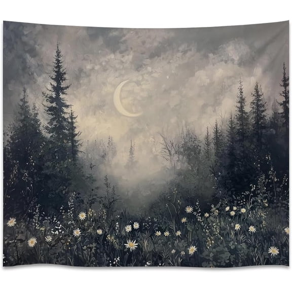 Dark Academia Wildflower Field Art Tapestry Gothic Rustic Moon Celestial Aesthetic Tapestries Moody Vintage Forest Wall Hanging for Bedroom Dorm Living Room Wall Decor white30x40inch