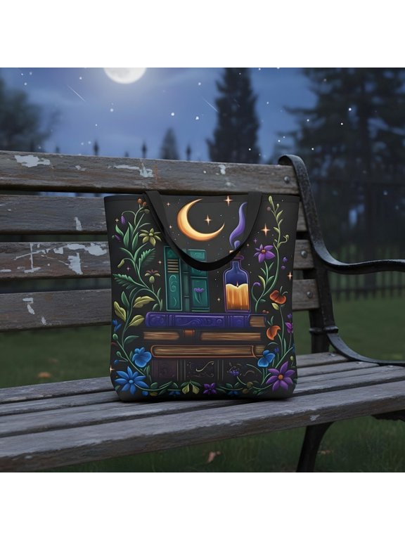 Dark Academia Witchy Celestial Moon & Stars Botanical Tote Bag, Floral Whimsigoth Apothecary Shoulder Bag, Coven Spell Books Carry Bag Gift