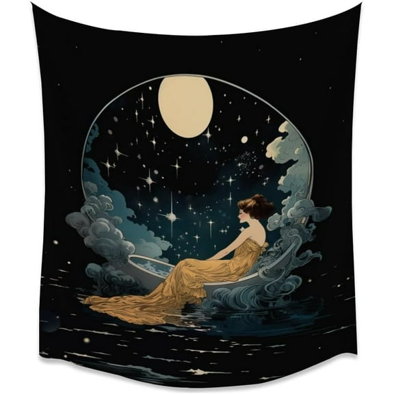 Dark Academia Woman Kissing Moon Art Tapestry Gothic Aesthetic Wall Hanging Witchy Picture Print Moon Goddess Tapestries Wall Decor for Living Room Bedroom Dorm 30x40inch