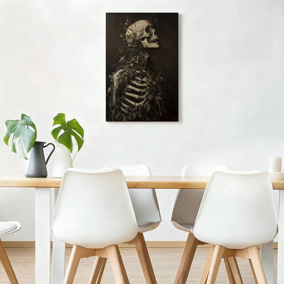 Dark Academic "Floral Skeleton" Gothic Canvas Art - Moody Surrealist Skull Painting for Home Theater, Gothic Library, or Alt-Decor Living Space 12*18inch(30*45cm)