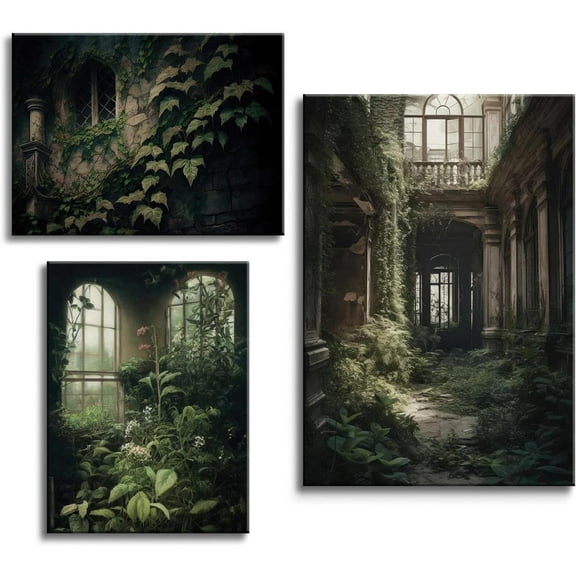 Dark Academy Posters Set of 3 Gothic Canvas Wall Art Medieval Castle Wall Art Vintage Canvas Wall Decor Abandoned Library Paintings Overgrown Plants in Dark Colors Picture 8X10 Unframed
