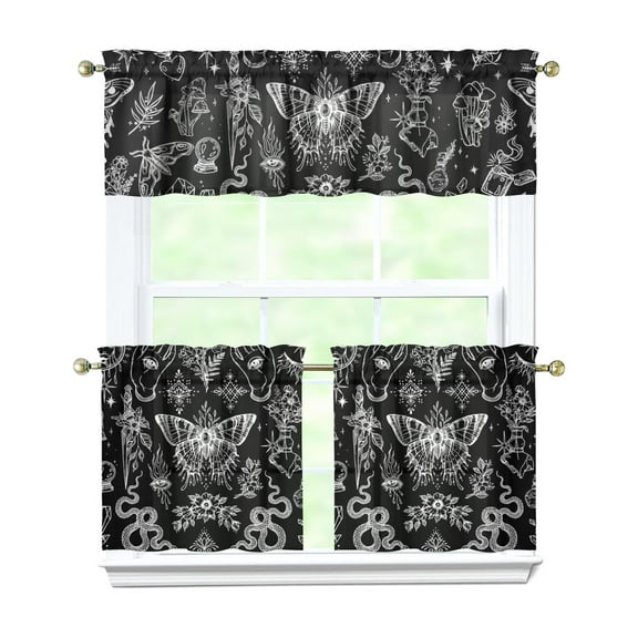 Dark Aesthetic Kitchen Curtains Set of 3 - Moon & Sun Mystical Sky Design, Farmhouse Tier & Valance Rod Pocket Panels for Small Windows (Machine Washable, Semi-Sheer)