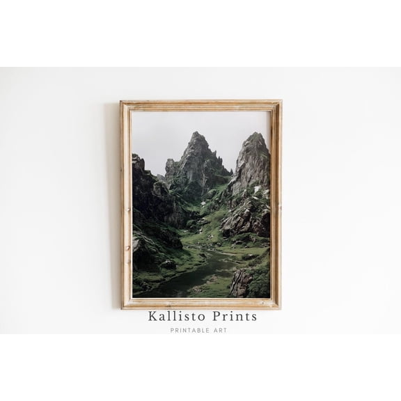 Dark Alpine Mountain Valley Wall Art Print Poster Moody Green Cliff Landscape With River Stream for Rustic Nature Home or Hiking Cabin Decor, Size 8x12 UNFFRAMED F03.1.6l3016