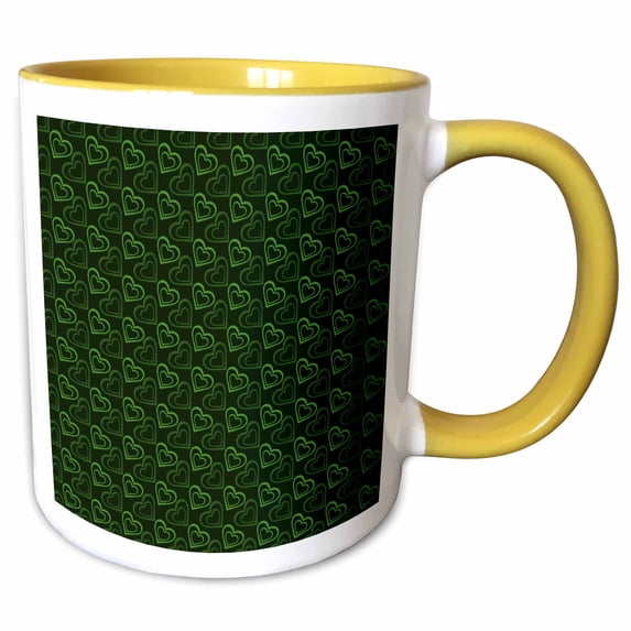 3drose, Dark and Bright Green Double Hearts Pattern, 15oz Two-tone Yellow Mug