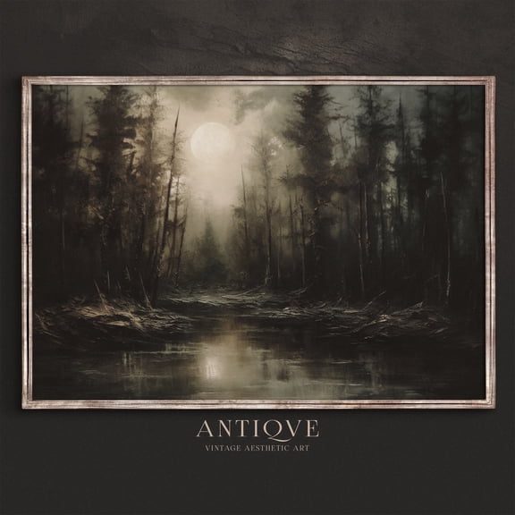 Dark And Moody Lake Forest In The Moonlight, Night Landscape, Dark Fall Decor, Home Decor UNFRAMED Poster, Wall Art for Decor, Present, 12x18