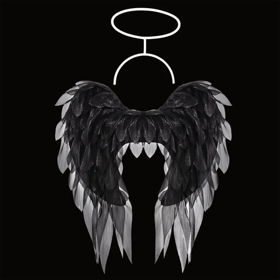 Dark Angel Wing with Glowing Halo Headband Set,Realistic Halloween Gothic Black Feather Wing Costume for Christmas,Masquerade