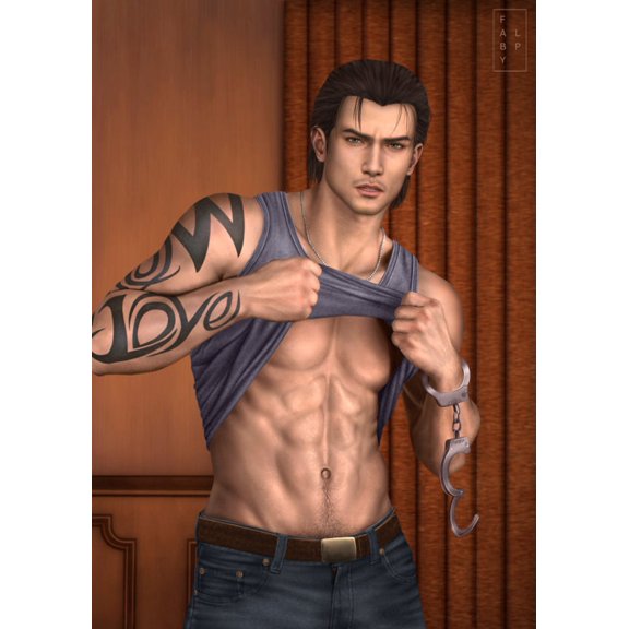 Dark Anime Style Muscular Male Character With Tribal Tattoo Lifting Shirt Dramatic Portrait Wall Art Poster 24x36 UNFRAMED