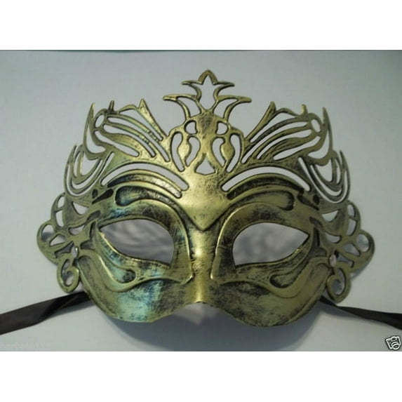 Dark Antique Gold Venetian Laser Cut Mardi Gras Masquerade Half Mask Crown