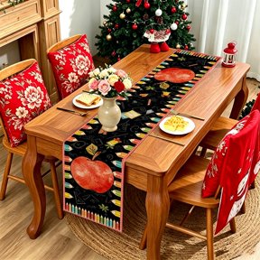 Dark Background Fruit and Math Stationery 2D Pattern Table Runner,13x48/13x70/13x108 inch,Classroom Dinner Decor,Neutral Term Start Table Ornament