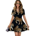 thumbnail image 1 of Dark Background Tiger Print Fabric Women Dress V-Neck Short Sleeve Flowy Swing Party Midi Dress, 1 of 4