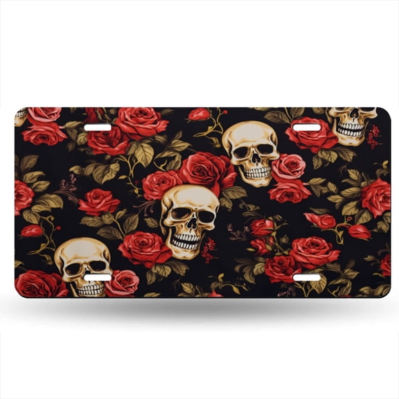 Dark Background With Red Roses And Skulls Decorative Signboard, Decorative Metal Plate with 4 Holes, 6x12inch Artistic Plate Frame