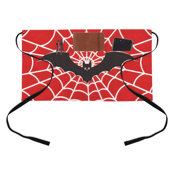 Dark Bat Kitchen Restaurant Half Waist Apron, Classic Graphic White Spiderweb Red Background Claws Server Short Apron with 3 Pockets Waterproof Oil Waist Aprons for Women Waitress Waiter