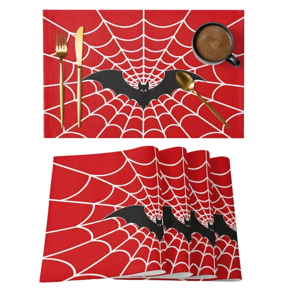 Dark Bat Placemats Set of 12, Classic Graphic White Spiderweb Red Background Claws Non-Slip Place Mats Washable Table Mats for Kitchen Dining Table Decorations Indoor/Outdoor