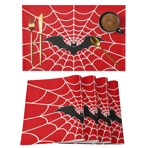 Dark Bat Placemats Set of 6, Classic Graphic White Spiderweb Red Background Claws Non-Slip Place Mats Washable Table Mats for Kitchen Dining Table Decorations Indoor/Outdoor