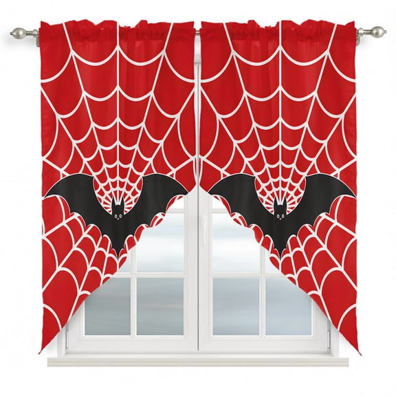 Dark Bat Swag Curtain Valance for Windows, Classic Graphic White Spiderweb Red Background Claws Window Treatments Short Swag Topper for Kitchen Windows Bathroom Bedroom, 28"x36"