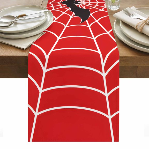 Dark Bat Table Runner, Classic Graphic White Spiderweb Red Background Claws Washable Kitchen Table Runners Dress Scarves for Dining Table Decorations Party/Restaurant/Indoor Outdoor Use, 13x48in
