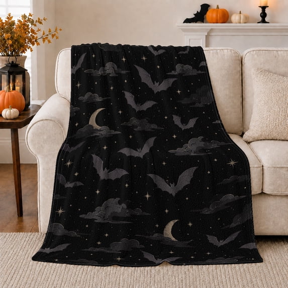 Dark Bats with Crescent Moons and Clouds, Spooky Gothic Night Sky Pattern for Bat Lovers, Halloween Gift, Soft Flannel Blanket for Bedroom and Living Room, Dark Home Decor