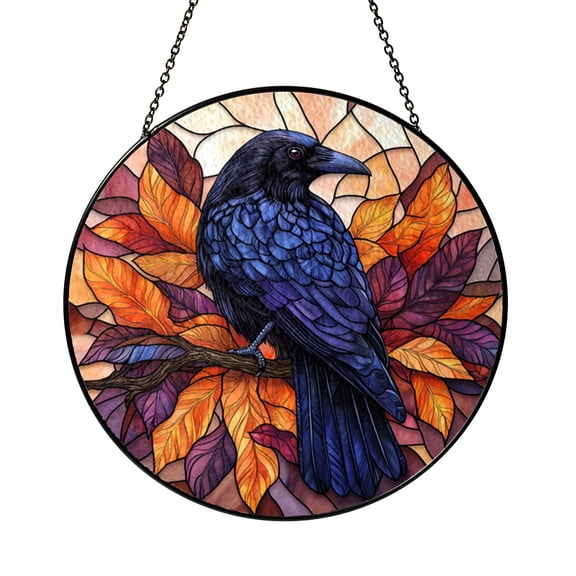Dark Bird Stained Glass Panel – Autumn Branch Circular Window Decor