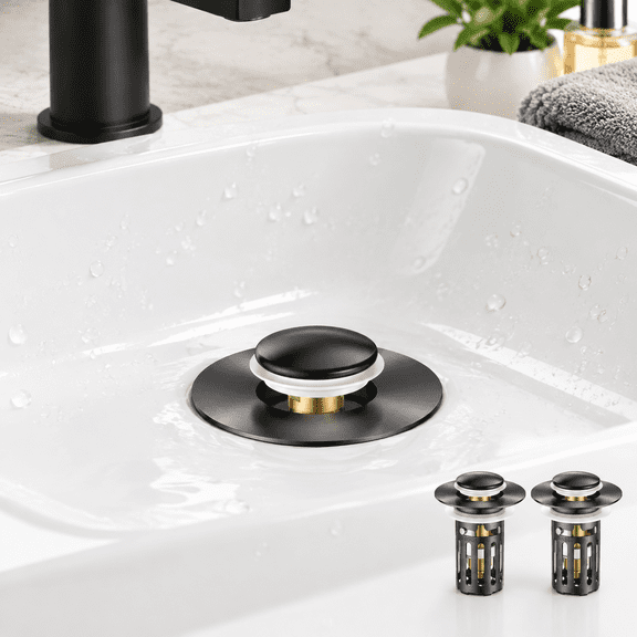 Dark Black 2-Pack Universal Fit Bathroom Sink Stopper with Removable Stainless Steel Hair Catcher