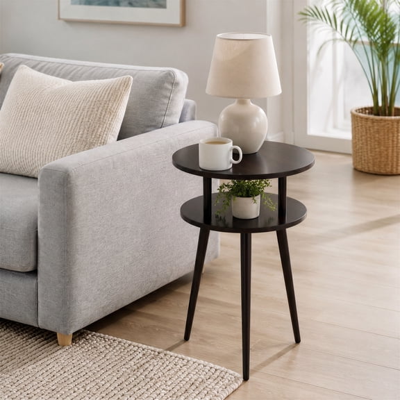 Manora Dark Black 2-Tier Round Tripod Side Table, Compact Accent End Table Nightstand for Living Room, Small Apartment Corners