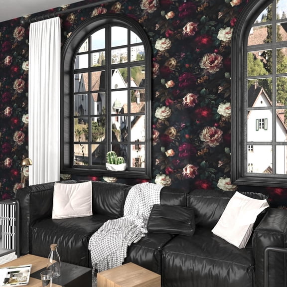 Dark Black Floral Peel and Stick Wallpaper 17.4" x 394" Vintage Romantic Contact Paper Waterproof Self Adhesive Gothic Witchy Covering for Bedroom Cabinet Bathroom Abstract Art Home Decor Maroon