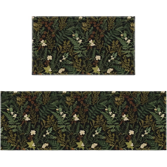Dark Black Green Botanical Kitchen Rugs Sets of 2 Non Slip Boho Plant Fern Leaf Kitchen Mats for Floor with Rubber Backing Washable Kitchen Runner Rug Carpet 17"x47"+17"x30" for Hallway Laundry