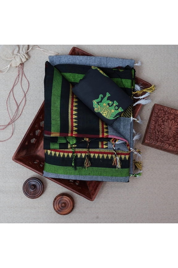 Dark Black Handloom Pure Saree With Designer Blouse