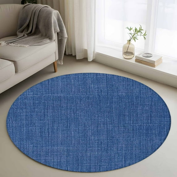 Dark Blue 3.3ft Round Rug, Farmhouse Burlap Solid Color Blue Modern Linen Texture Non-Skid Rubber Backing Large Area Rugs - Living Room Bedroom Home Office, Indoor Floor Mat Carpets Washable Rug