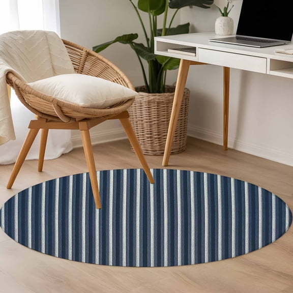 Dark Blue 3.3ft Round Rug for Bedroom Reading Corner, Stripes Texture Washable Non Slip Circle Area Rug