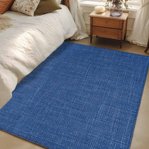Dark Blue 3x5 Area Rugs, Farmhouse Burlap Solid Color Blue Modern Linen Texture Non-Skid Rubber Backing Large Rectangle Rugs - Living Room Bedroom Home Office, Indoor Floor Mat Carpets Washable Rug