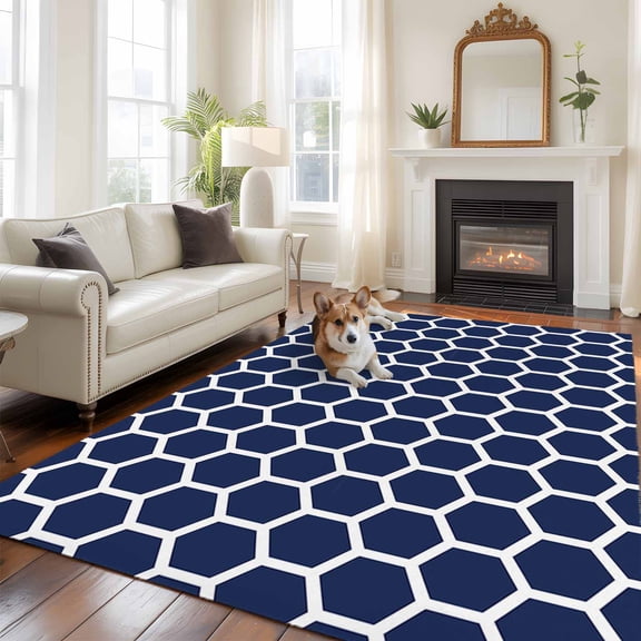 Dark Blue 5x7 Area Rugs for Living Room, Honeycomb Hexagon Retro Geometric Non Slip Floor Mat Washable Low-Profile Indoor Carpet for Bedroom, Dining Room, Bathroom