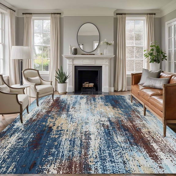 Dark Blue 6'x9' Large Area Rugs Brown Abstract Smoky Texture Distressed Mottled Ink Art Washable Area Rugs Non-Slip Indoor Floor Mats Large Carpet for Living Room Bedroom Dining Room