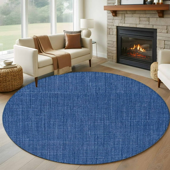 Dark Blue 6ft Round Rug, Farmhouse Burlap Solid Color Blue Modern Linen Texture Non-Skid Rubber Backing Large Area Rugs - Living Room Bedroom Home Office, Indoor Floor Mat Carpets Washable Rug