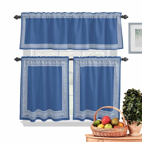 Dark Blue Abstract Art Kitchen Curtains Valances 3 Piece Set, Geometric Greek Key Country Farm Rod Pocket Tier Curtain and Valance Drapes for Small Window 24 Inch Length for Bedroom Cafe