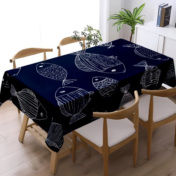 Dark Blue Abstract Fish Print Tablecloth, Kitchen Dining Holiday Gathering Multipurpose Decor, Nautical Themed Table Cover, Thanksgiving Christmas Gift