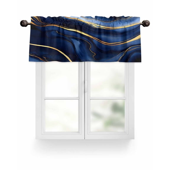 Dark Blue Abstract Marble Texture Kitchen Valances for Windows Gold Fluid Art Lines Valance Curtains&nbsp; for Kitchen /Living Room/Bedroom/ Bathroom Decor, 42"x12 " ,Rod Pocket 1 Panel,