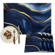 Dark Blue Abstract Marble Texture Placemats Set of 2, Gold Fluid Art Lines Table Mats Washable Heat-Insulation Non-Slip Place Mats for Kitchen Dinner Table Indoor Outdoor Decor,13x19 Inch
