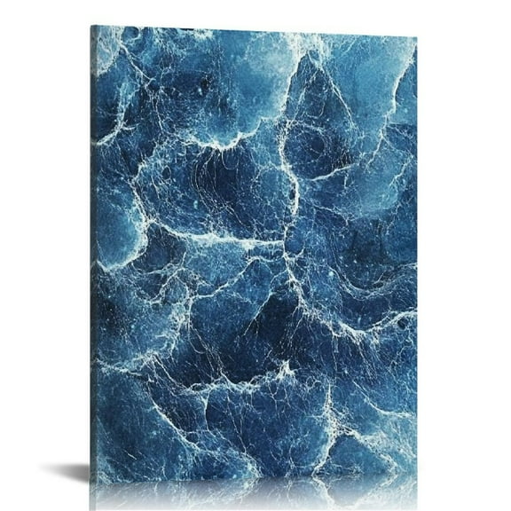 Dark Blue Abstract Waves Art Navy Blue Wall Decor Modern Ocean Painting Decorative Canvas Print for Bathroom Home Office Decor