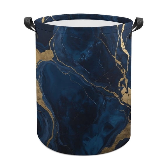Dark Blue And Gold Waterproof Oxford Cloth Laundry Hamper, Collapsible Storage Bin with Reinforced Handles for Clothes and Toys, 3 Sizes Available