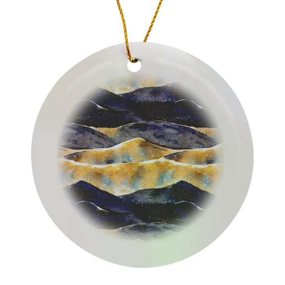 3drose, Dark Blue and Image of Gold Mountain Range Abstract, Circle Porcelain Ornament