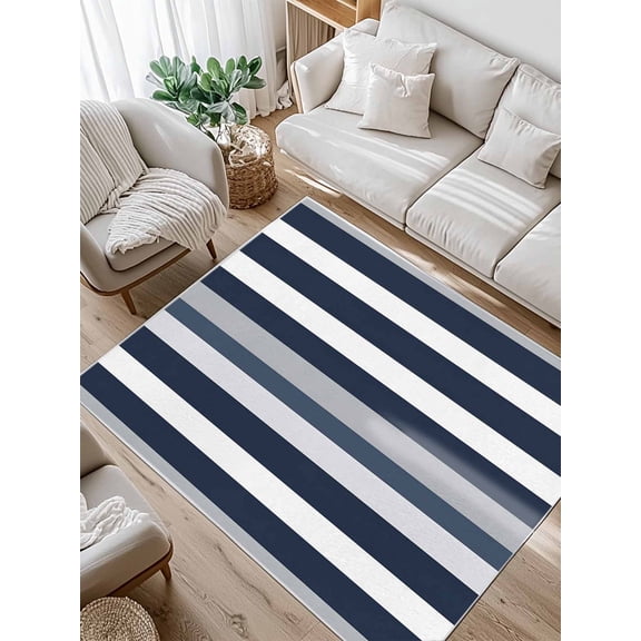 Dark Blue Area Rug for Bedroom 4x6 Ft and Grey Striped Abstract Minimalist Stripes Super Soft fuzzy Throw Rug Non-Slip Fluffy Plush Indoor Floor Carpet for Living Room Nursery Home Decor