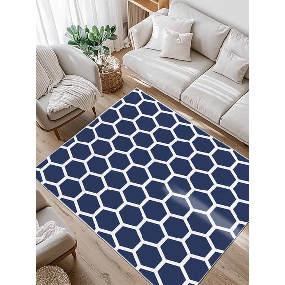 Dark Blue Area Rug for Bedroom 4x6 Ft Honeycomb Hexagon Retro Geometric Super Soft fuzzy Throw Rug Non-Slip Fluffy Plush Indoor Floor Carpet for Living Room Nursery Home Decor